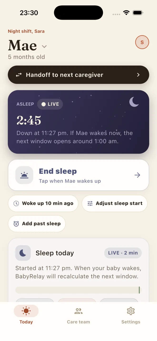 BabyRelay Today screen at night: Mae is asleep, with a live timer and an End sleep button