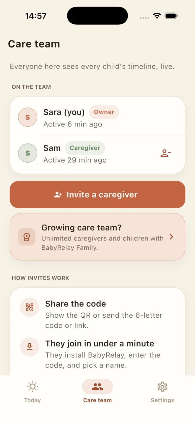 BabyRelay Care team screen showing the owner and a caregiver, an invite button and how invites work