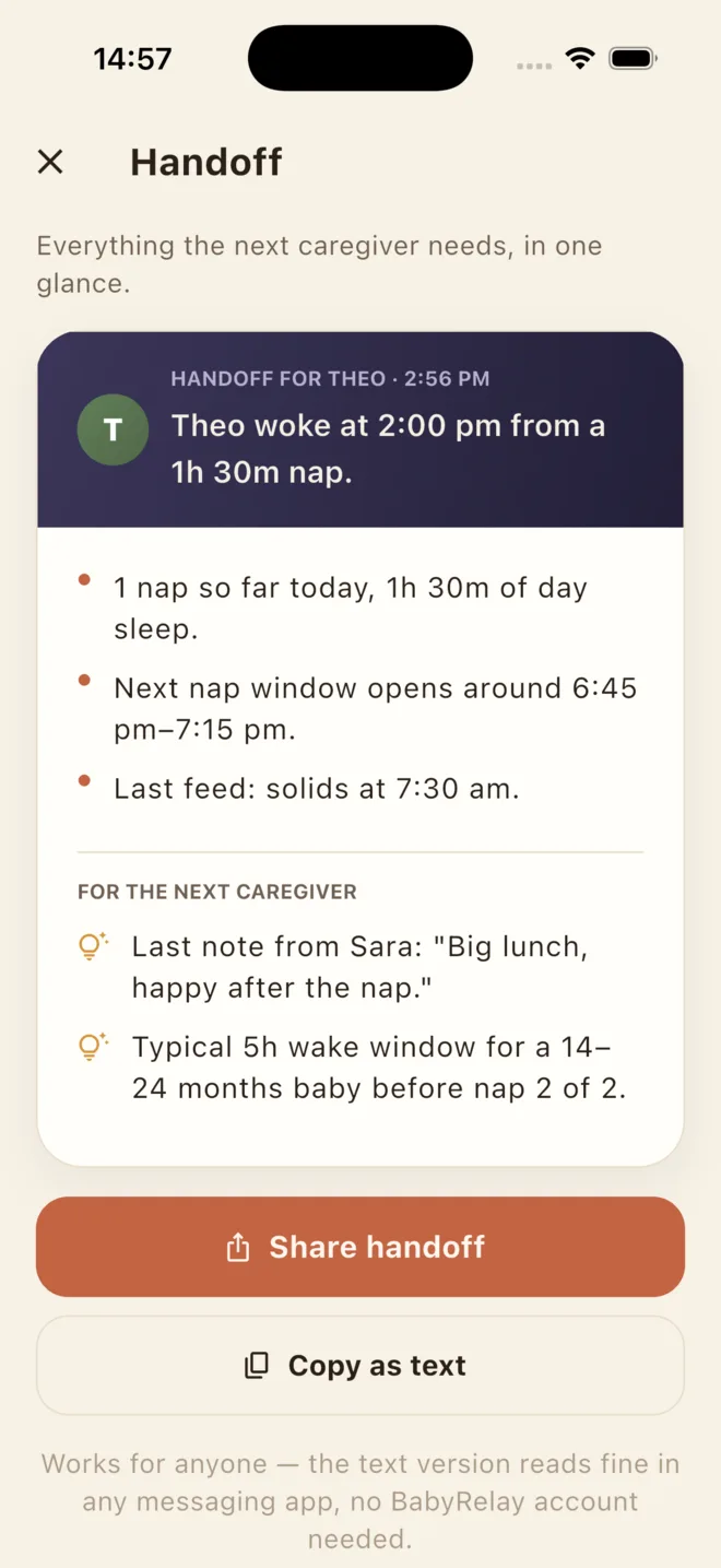 BabyRelay handoff summary for Theo, with naps, next window, last feed and a note for the next caregiver