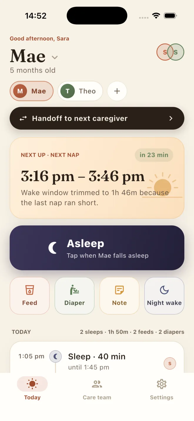 BabyRelay Today screen with the next nap window, one-tap asleep button and quick logs for feed, diaper, note and night wake